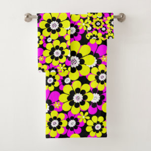 Conjunto De Toalhas Padrão neon floral brilhante carmesim e flor amare