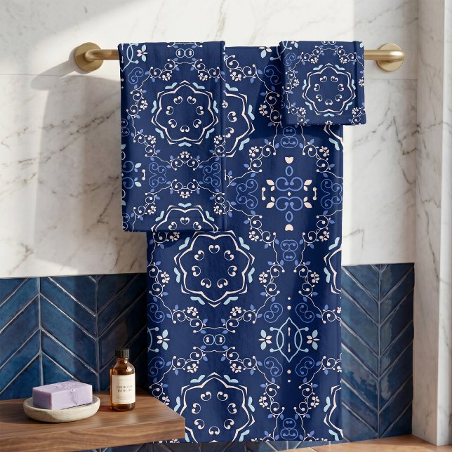 Conjunto De Toalhas Padrão Ornado Azul Branco Mediterrâneo Azulejo (Criador carregado)