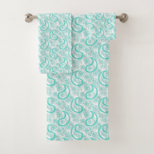 Conjunto De Toalhas Padrão paisley azul turquesa monocromático