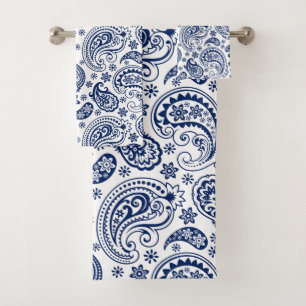 Conjunto De Toalhas Padrão paisley de vinheta branca e azul