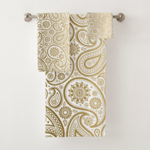 Conjunto De Toalhas Padrão paisley Dourado e branco