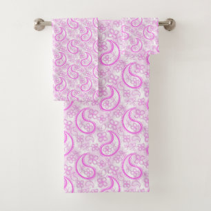 Conjunto De Toalhas Padrão paisley monocromático lilás rosa branco.