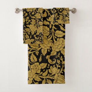 Conjunto De Toalhas Padrão Preto Floral Ouro Antigo Trabalho em Lacca