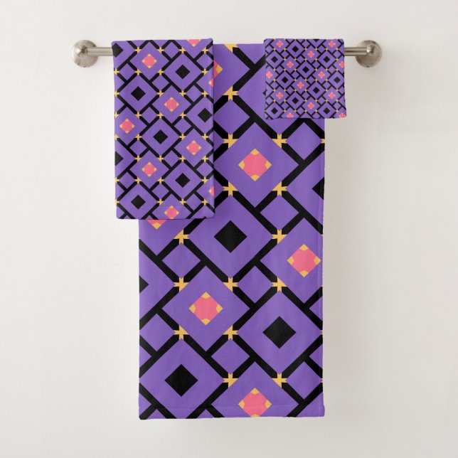 Conjunto De Toalhas padrão preto roxo e rosa com quadrados (Insitu)