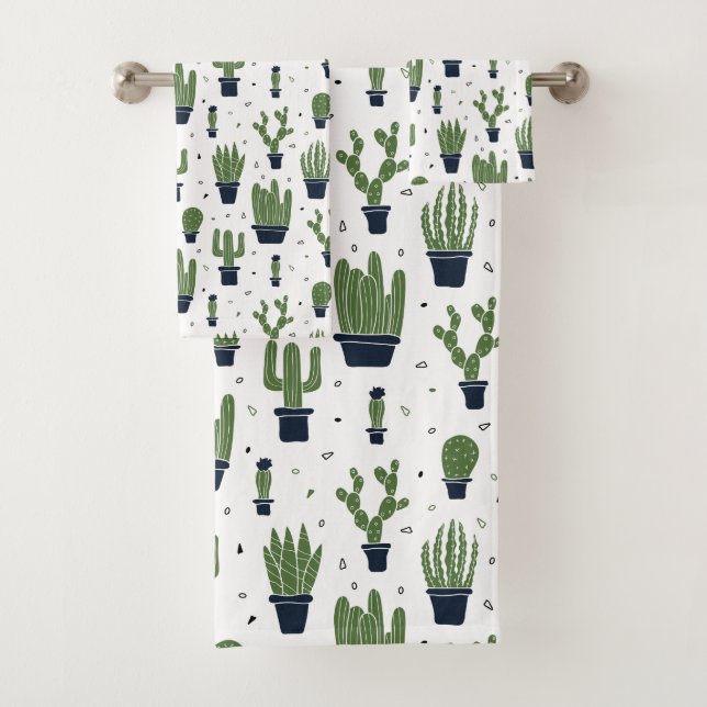 Conjunto De Toalhas Padrão Rustic Dark Green Cactus Desert (Insitu)