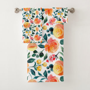 Conjunto De Toalhas Padrão Rustic Yellow Orange Watercolor Flowers