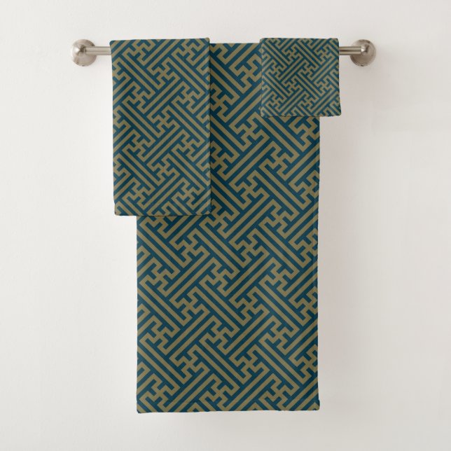 Conjunto De Toalhas Padrão Sayagata, japonês, Dourado e Marinho azul (Insitu)