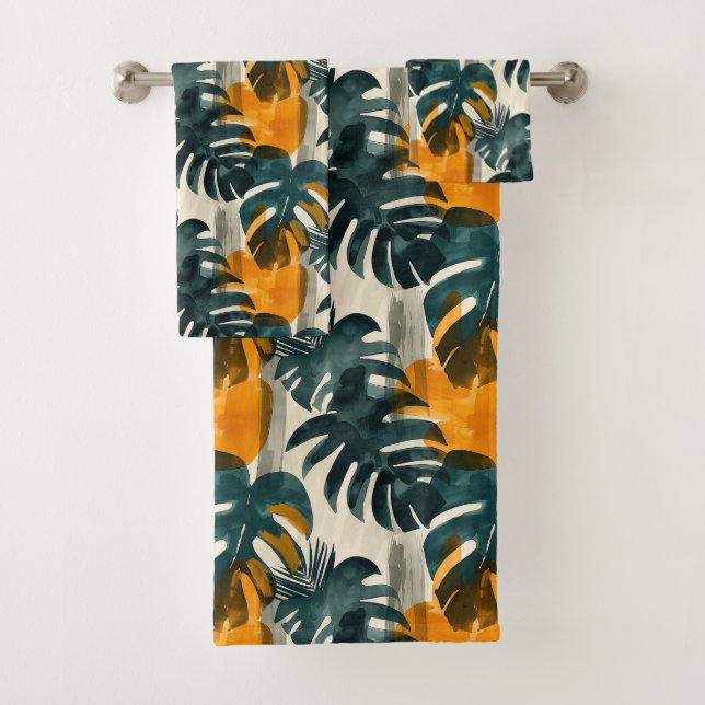 Conjunto De Toalhas Padrão simples de abstrato com folhas de monstera, (Insitu)