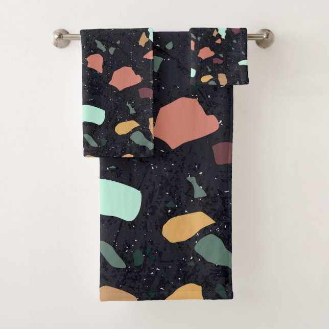 Conjunto De Toalhas Padrão Terrazzo preto (Insitu)
