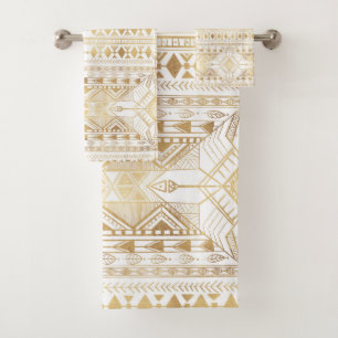 Conjunto De Toalhas Padrão Trendy Dourado Geométrico Tribal Aztec