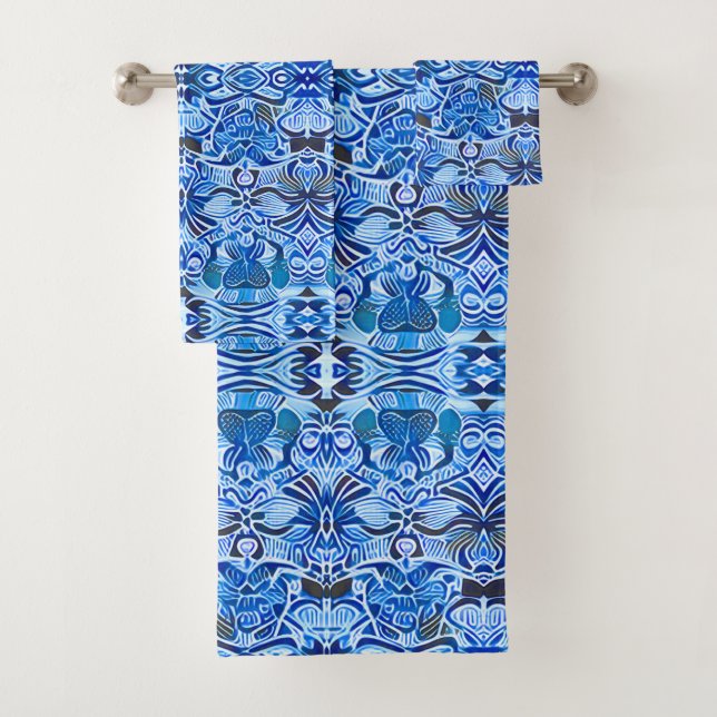 Conjunto De Toalhas Padrão Tribal Batik em Azul e Branco Indigo (Insitu)