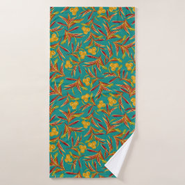 Conjunto De Toalhas Padrão Tropical com Folhas Vermelhas e Amarelas