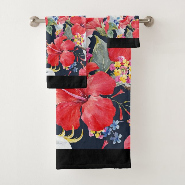 Conjunto De Toalhas Padrão Tropical Floral Red Hibiscus Cockatoo (Insitu)