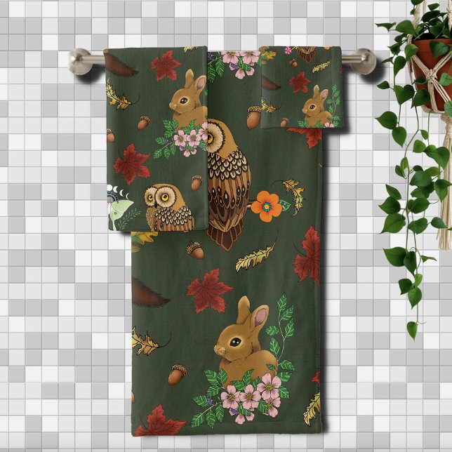 Conjunto De Toalhas Padrão Verde de Animais da Floresta de Outono (Criador carregado)