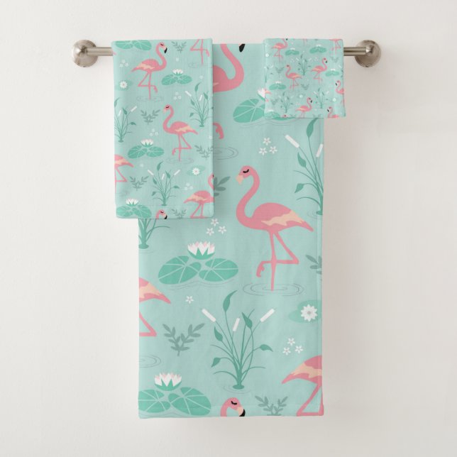 Conjunto De Toalhas Padrão Verde Flamingos Rosa Pastel (Insitu)