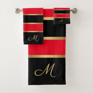Conjunto De Toalhas Padrão vermelho preto e listras douradas