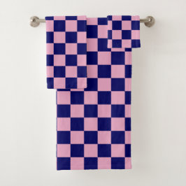 Conjunto De Toalhas Padrão Xadrez Azul Marinho e Rosa Claro