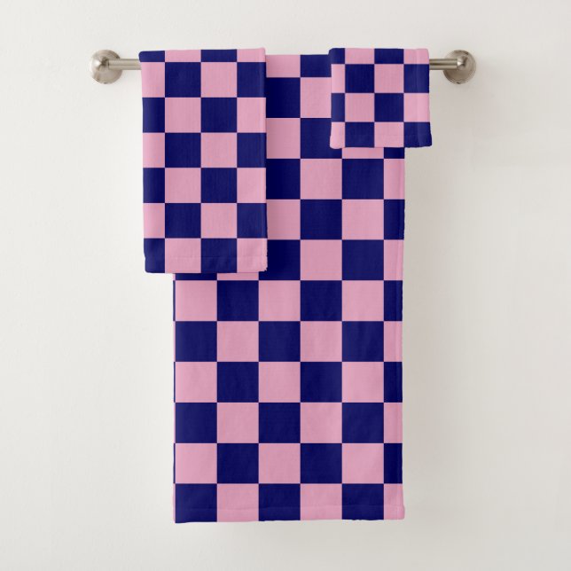 Conjunto De Toalhas Padrão Xadrez Azul Marinho e Rosa Claro (Insitu)