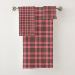 Conjunto De Toalhas Padrão Xadrez Marrom Rosa