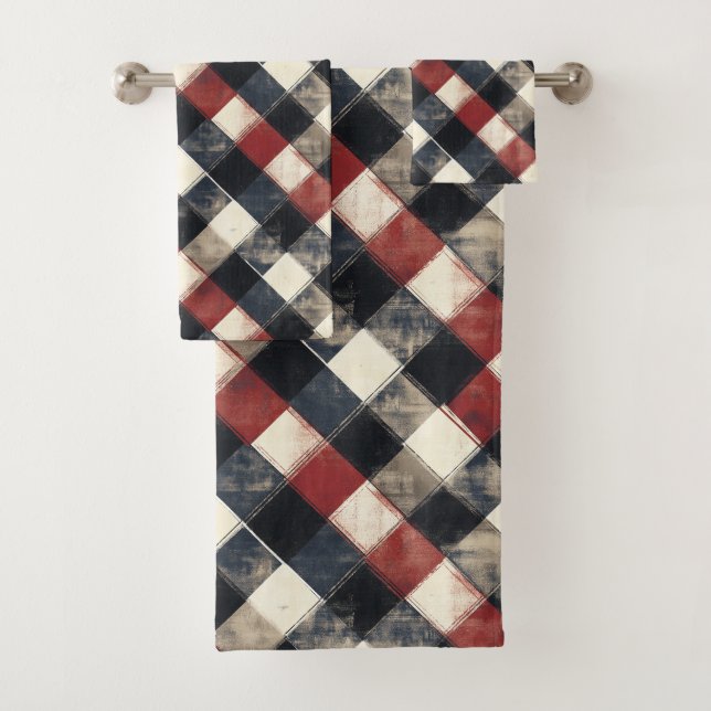 Conjunto De Toalhas Padrão Xadrez Naval e Vermelho Atemporal Retro (Insitu)