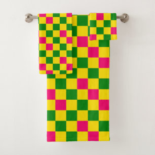 Conjunto De Toalhas Padrão Xadrez Rosa Amarelo Verde Design 