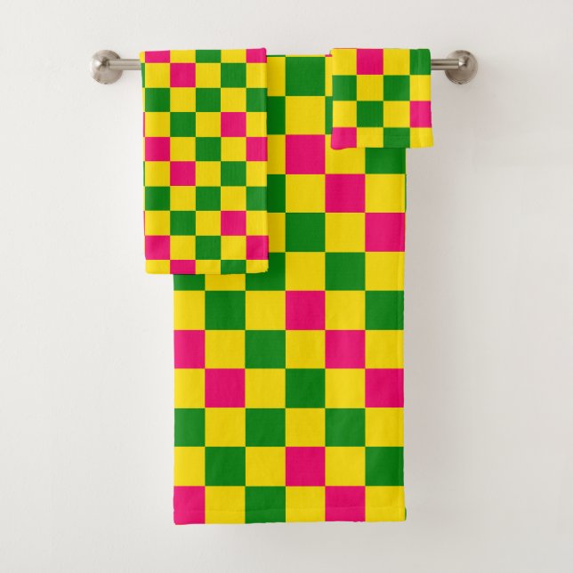 Conjunto De Toalhas Padrão Xadrez Rosa Amarelo Verde Design  (Insitu)