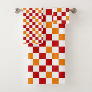 Conjunto De Toalhas Padrão Xadrez Vermelho Branco Laranja Design 