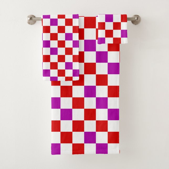Conjunto De Toalhas Padrão Xadrez Vermelho Branco Roxo Design  (Insitu)