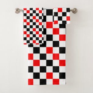 Conjunto De Toalhas Padrão Xadrez Vermelho Preto e Branco Design 