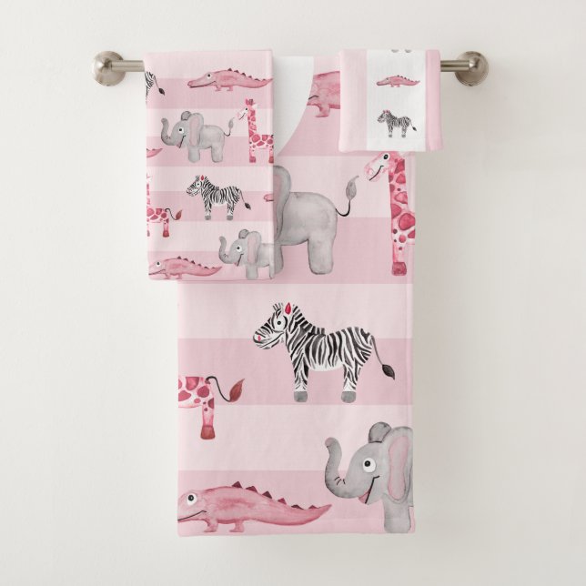 Conjunto De Toalhas Padrões de animais Safari rosa e crianças (Insitu)