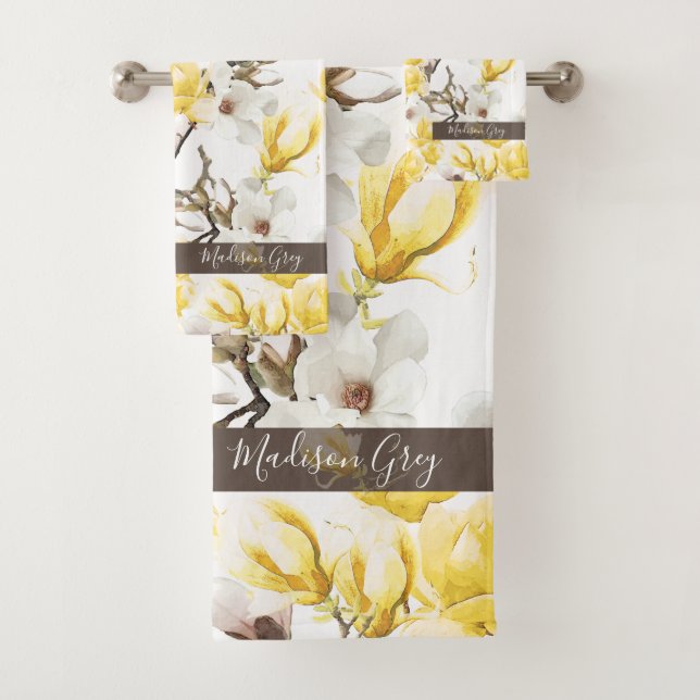 Conjunto De Toalhas Padrões de Aquarela Amarelo e Branco Magnolia Flor (Insitu)