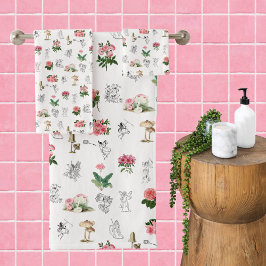 Conjunto De Toalhas Padrões de fadas de fadas cor-de-rosa e de cogumel