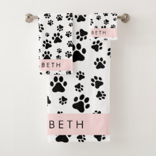 Conjunto De Toalhas Padrões de pata, patas de cão, preto e branco, seu