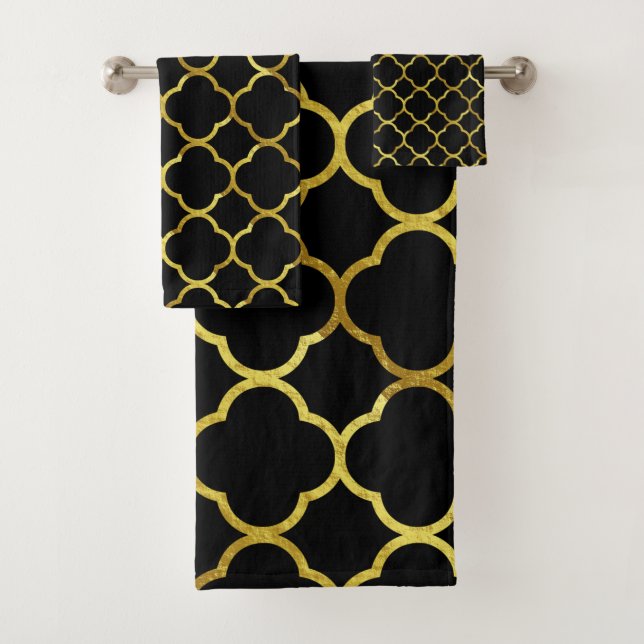 Conjunto De Toalhas Padrões de Quatrefoil de Ouro Dourado preto Legal (Insitu)
