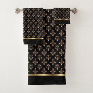 Conjunto De Toalhas Padrões de Trevo de Quatro Folhas Preto e Dourado 