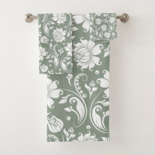 Conjunto De Toalhas Padrões florais brancos em verde-salva