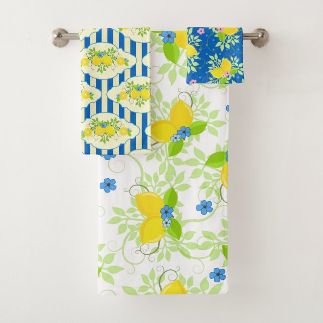 Conjunto De Toalhas Padrões Florais de Limões Azuis e Amarelos de Verã (Insitu)