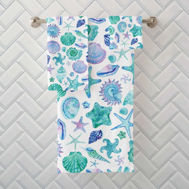 Conjunto De Toalhas Padrões para o Mar Azul e para o Estaleiro (Watercolor Blue Sea Shells and Starfish Pattern Bath Towel Set)