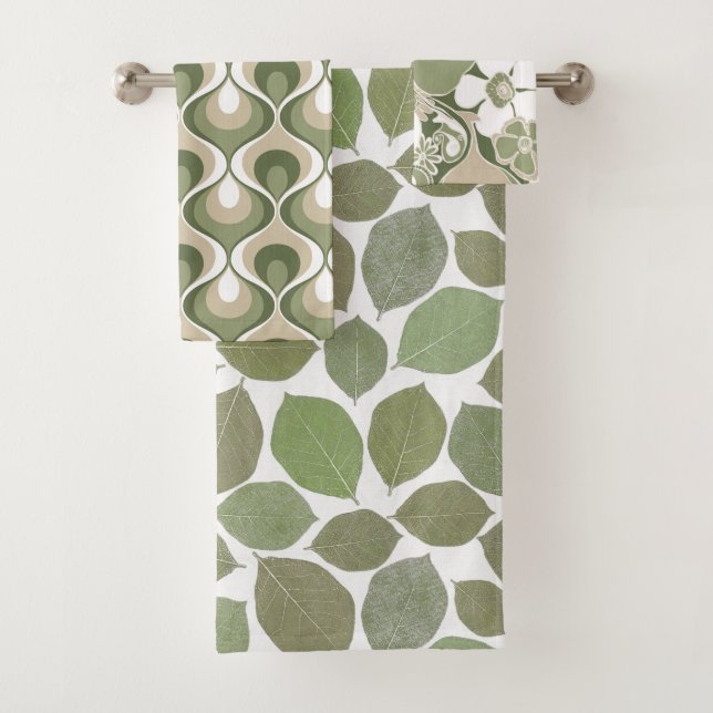 Conjunto De Toalhas Padrões Retro Mod Sage Verde Oliva Bege (Insitu)