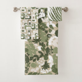 Conjunto De Toalhas Padrões Retro Mod Sage Verde Oliva Bege 