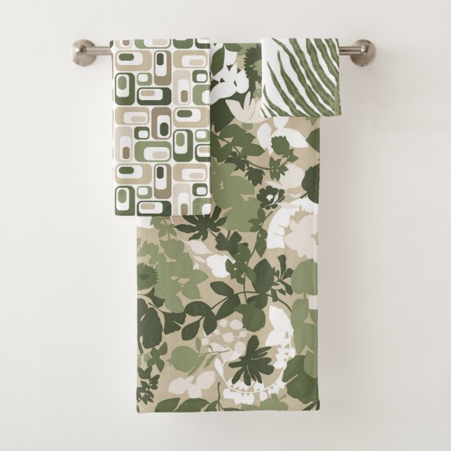 Conjunto De Toalhas Padrões Retro Mod Sage Verde Oliva Bege  (Insitu)