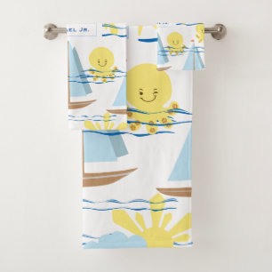 Conjunto De Toalhas Padrões Sunny Kids, Barco, Octopus e Clipart Sun