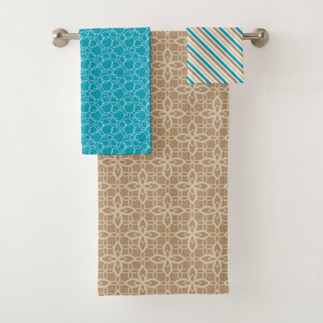 CONJUNTO DE TOALHAS PADRÕES TURQUOISE BROWN & TAN STRIPES (Insitu)