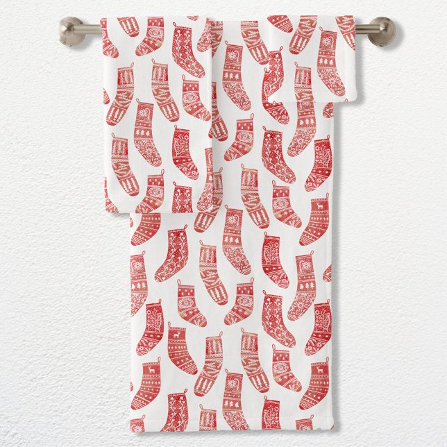 Conjunto De Toalhas Padrões vermelhos e brancos nórdicos em estoque de (Nordic Stockings red and white Scandinavian festive Christmas pattern towel set)