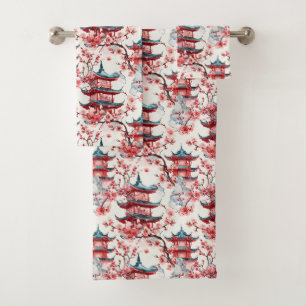 Conjunto De Toalhas Pagoda Chinesa Aquarela com Blossomas de Cereja (8