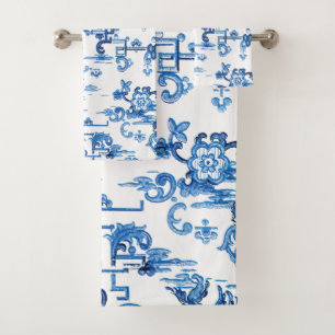 Conjunto De Toalhas Pagoda Chinoiserie Clássica Azul e Branca 