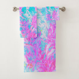 Conjunto De Toalhas Paisagem de Hortênsias Azul Água e Rosa Quente