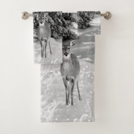 Conjunto De Toalhas Paisagem de Inverno em Preto e Branco com Cervos