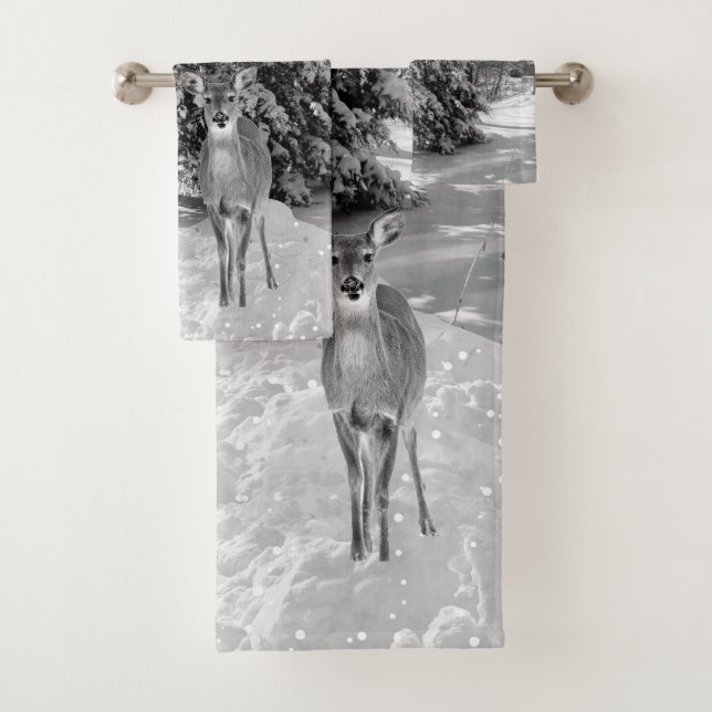 Conjunto De Toalhas Paisagem de Inverno em Preto e Branco com Cervos (Insitu)