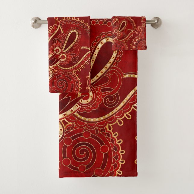 Conjunto De Toalhas Paisley Floral Ruby red e gold (Insitu)